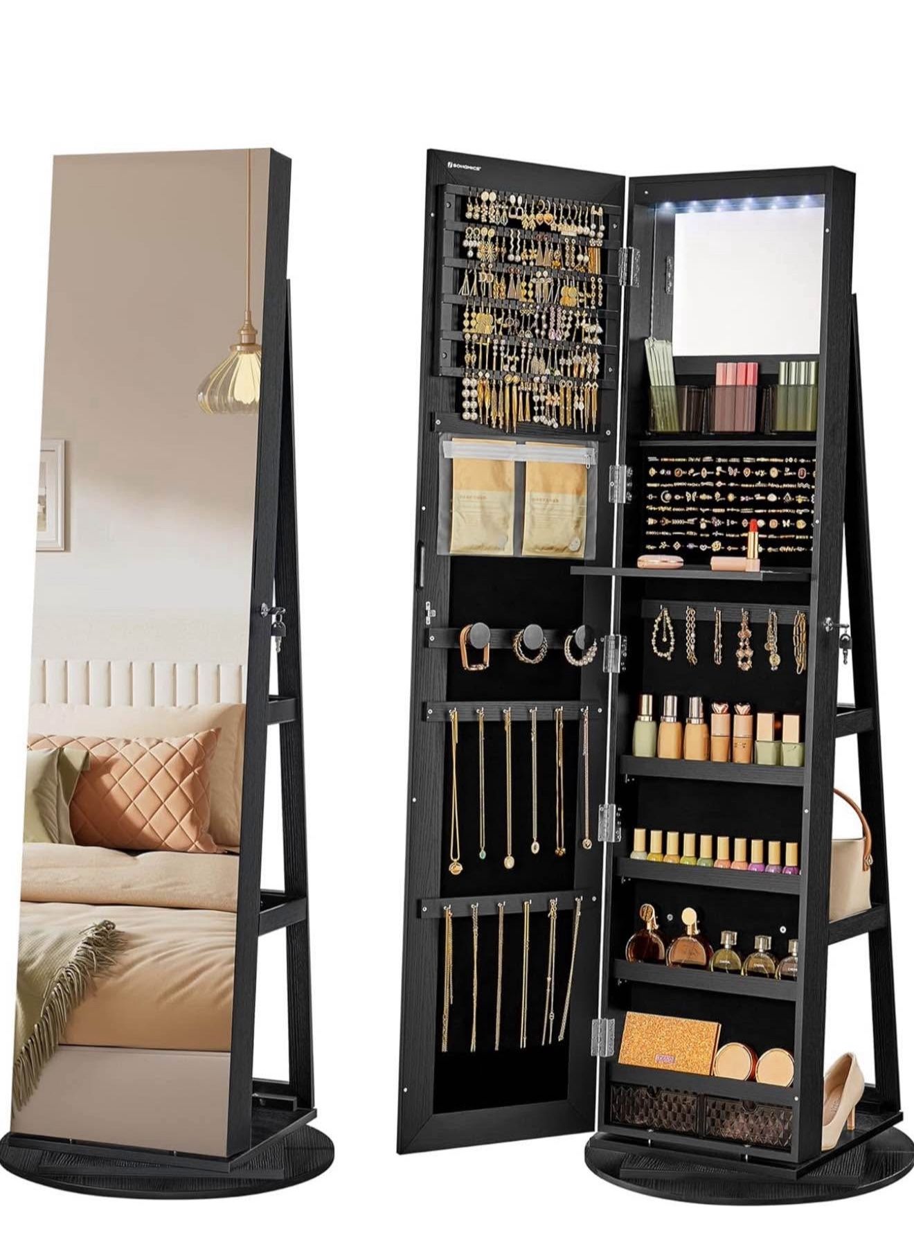 6 LEDs Lockable Mirror Jewelry Cabinet, 360° Swivel Jewelry Organizer Armoire Standing, Frameless Full-Length Mirror, 3 Storage Shelves, B