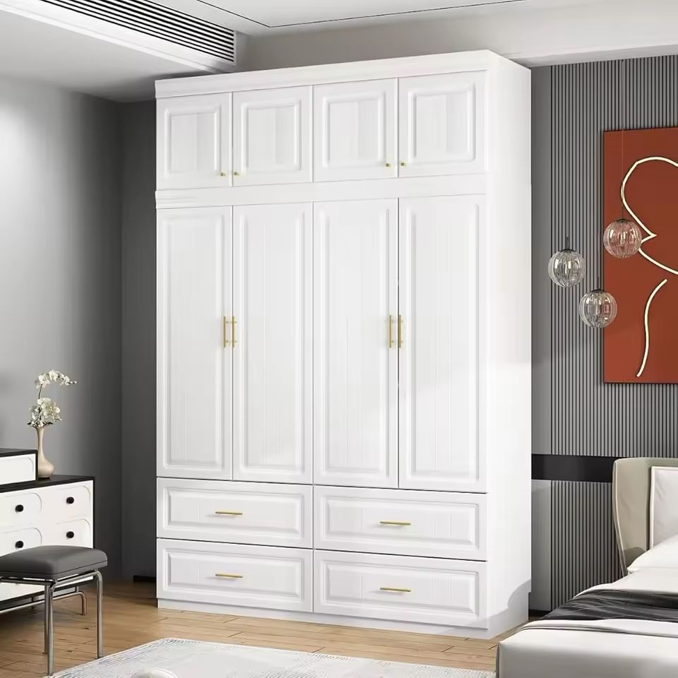 4 Door Wardrobe Closet With Drawers & Shelves, Armoire Closet With Hanging Rod, Wardrobe Cabinet With Gold Metal Handles,