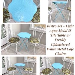 Bistro Set - Light Aqua Metal & Tile Table w/ Freshly Upholstered White Metal Cafe Chairs