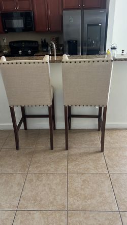 2 Upholstered Counter Height Bar Stools – Beige Linen with Nailhead Trim