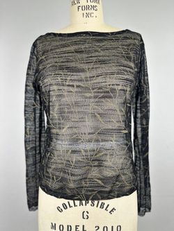 Dana Buchman Petite Sheer Knit Top Black Gold Leaf Pattern Long Sleeve Petite M