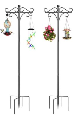 Double Hook Ground Insert Wrought Iron Garden Bracket, Four-Section Adjustable Height, Lawn Hanging Basket, Wind Chime, Hummingbird Feeder Outdoor Gar