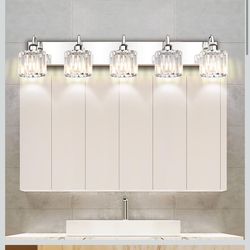 Bathroom Light - Chrome Crystal Vanity Fixture with 5 Lights Over Mirror