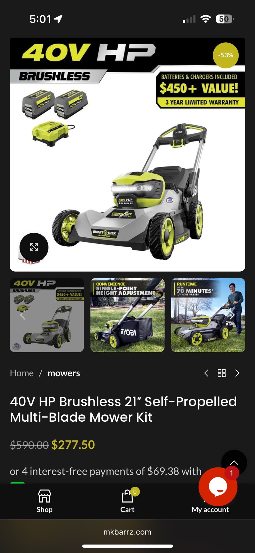 Ryobi Self Driving Lawn Mower With 2 Batteries Included
