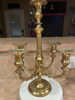 Vintage Solid Heavy Brass 5 Arm Candelabra Candle Holder Made in India w/Ornate Scroll Design