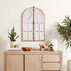 Vintage Farmhouse Wooden Arched Multipanel Mantel Mirror, 36"H, Light Stain