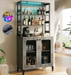 Wood Bar Cabinet, 67" Tall   Cabinet with Power Outlets, RGB LED Lights, Wine Liquor Storage, Glass Holder, Coffee Station for Bar Decor. (White Oak) 