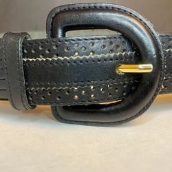 Perforated Kiltie Fringe Black Leather D Shape Leather  Buckle Belt 35 S|M by Amanda Smith 