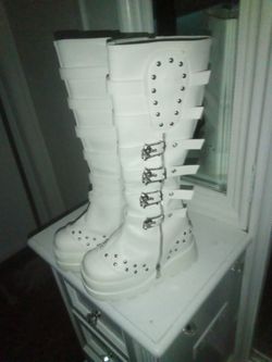 White Platform Knee-High Buckle Boots