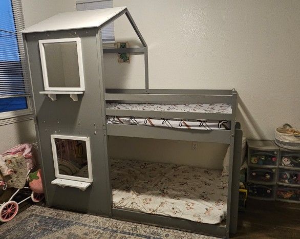 Low Bunk Bed with Roof Window Guardrail and Ladder Kids Twin Over Twin House Bunk Bed Frame Modern Style, No Box Spring Needed