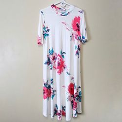 Reb & J Boutique white pink floral print summer t shirt dress size medium 