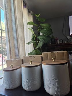 White Ceramic Canister Set of 3 with Wood Lids