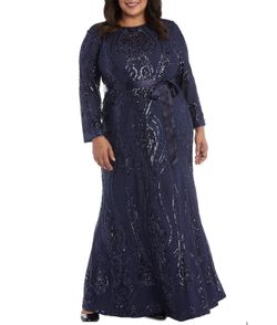 Women’s Formal Dress Size 14W 16W 18W 22W RM Richards Navy Sequined Long Sleeves