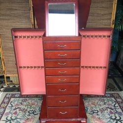 Burgundy Jewelry Armoire w/Mirror  - 8 Drawers, Velvet Linings - See Description 