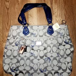 COACH Poppy Signature Hearts Glam Grey/ Blue Canvas Large Tote Bag # 18711M Y2K