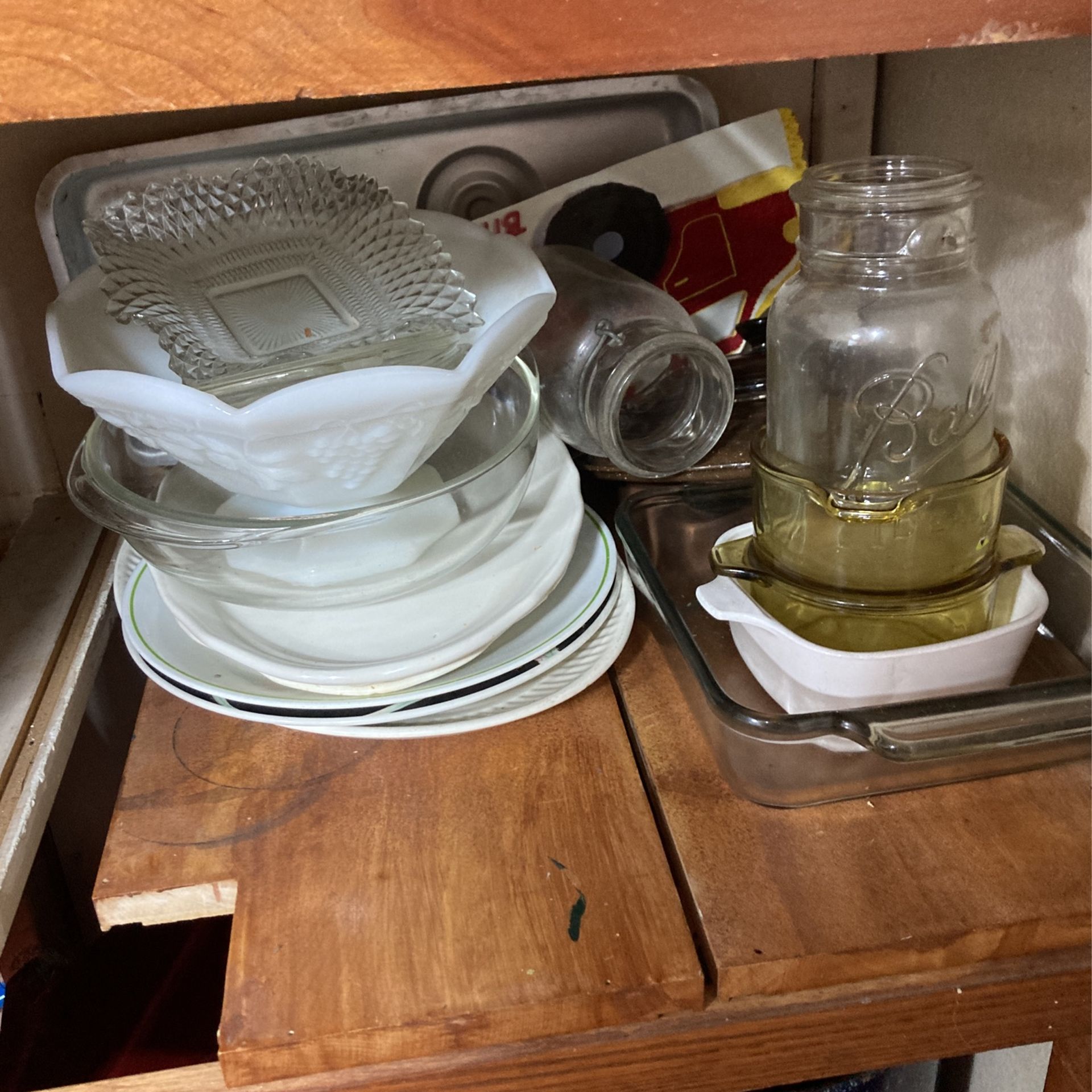 Boxes Of Old Dishes An Cake Pans 