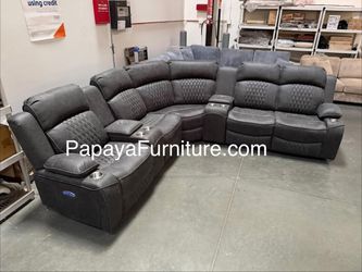 NEW POWER Reclining Curve Sectional Couch Recliner Set Black Faux Leather Storage Console Wireless Charging Living Room Movie Entertainment Game Big 