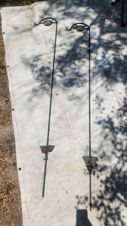 2 Wrought Iron Sheperds Hooks Plant Hangers With Glass Inserts 84" High