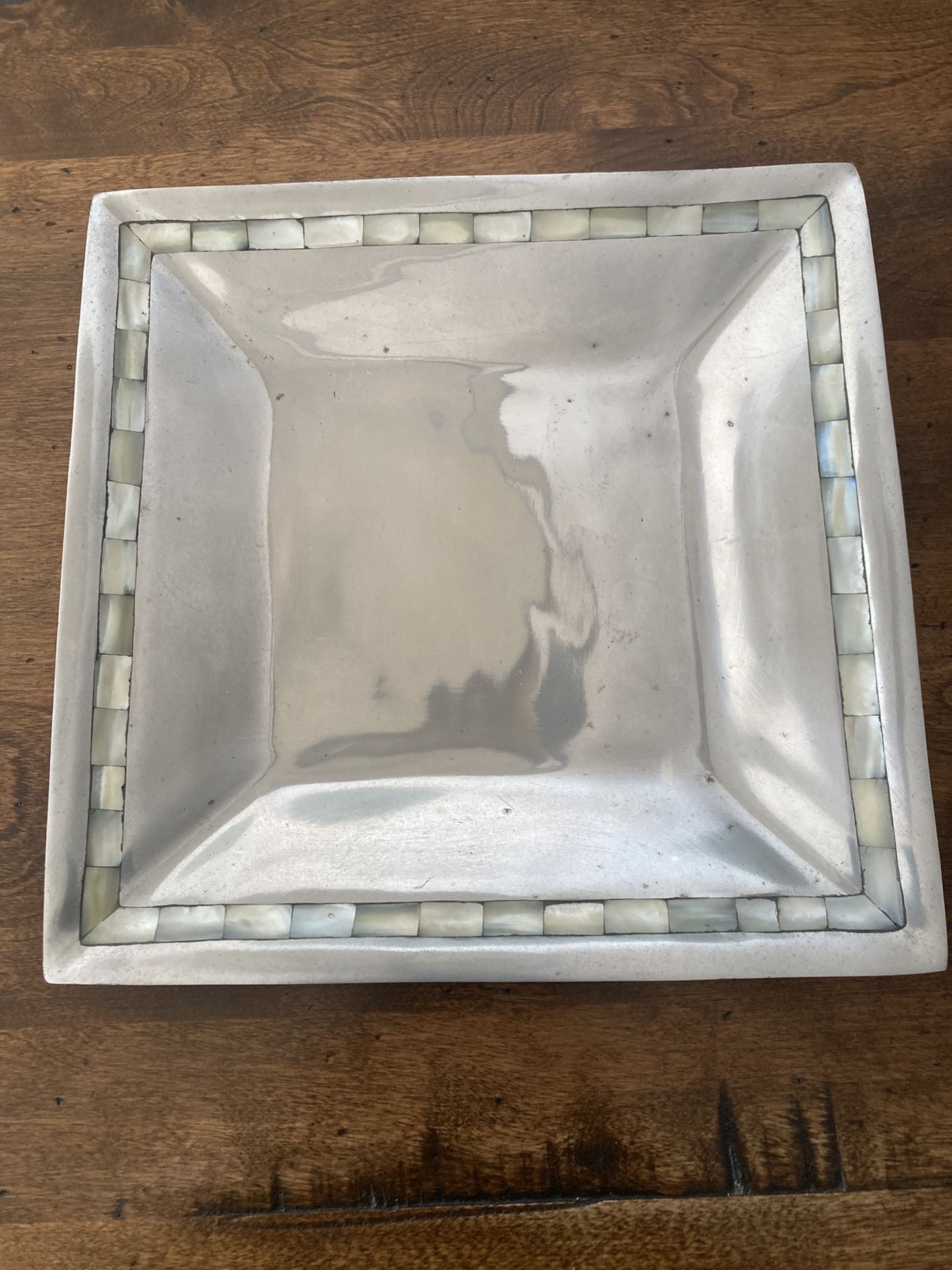 Vintage Metal Serving Tray With Mother Of Pearl Inlay Edging