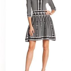 NEW Nina Leonard Geometric Print Sweater Dress Medium Black & White no tag
