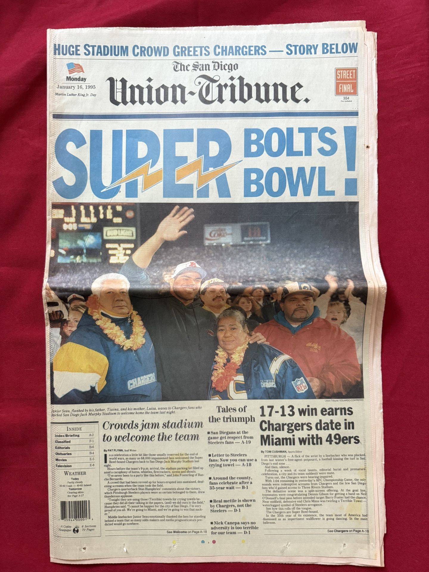 San Diego Union Tribune 1/16/95 SD Chargers AFC Champs Headlines Junior Seau