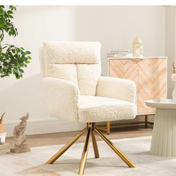 Sherpa Living Room Chair Modern Armchair with Golden Legs Ergonomic Upholstered Accent Chair No Wheels for Bedroom Reading Home Office, Off White