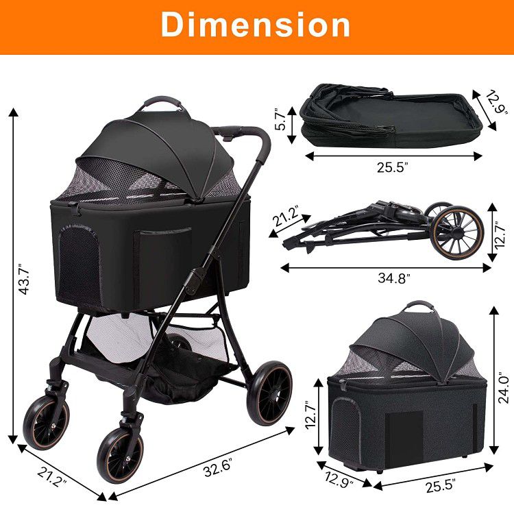Dog Stroller for Small Medium Dogs - 4 Wheels Automatic Foldable Pet Cat Dog Strollers with Easy Removable Carrier, Mesh Windows with Detachable Pet P