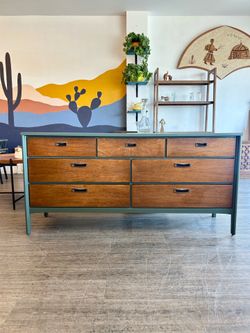 Green MCM Dresser / Two Tone Wood Mid Century Lowboy / 7 Drawers