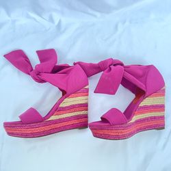 Donald J Pliner Hot Pink Wedge Sandals Size 8M, 4.5” Heel, Ankle Wrap NWOB