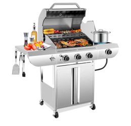 Electactic 4-Burner Gas Grill with Side Burner,Stainless Steel Propane Grill with Porcelain-Enameled Grills,Built-In Thermometer,42000BTU BBQ Grill fo