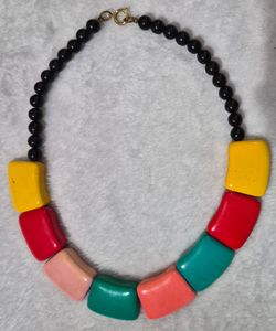 Vintage 1980s Color Block Chunky Statement Necklace 16" Choker Multi-Color