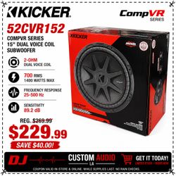 Kicker CompVR Series Bass Speaker 15" Dual Voice Coil Subwoofer 2-Ohm 1400 Watts CVR15 🚨 Payment Options Available 🚨 No Credit Needed 🚨