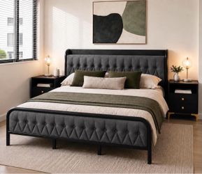 King Bed Frame with Charging Station, Heavy Duty Platform with black Upholstered K-1