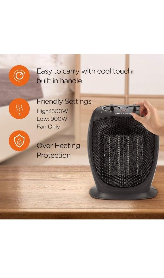 PELONIS PHTA1ABB Portable, 1500W/900W, Quiet Cooling & Heating Mode Space Heater for All Season, Tip Over & Overheat Protection,for Home, Office Perso