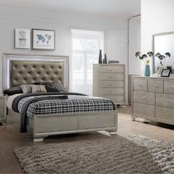 4 pcs Bedroom Set. (champagne).  Queen Bed With LED Dresser Mirror & Nightstand 