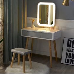 Vanity Table Set with Adjustable Brightness Mirror and Cushioned Stool, Dressing Table Vanity Makeup Table with Free Make-up Organizer