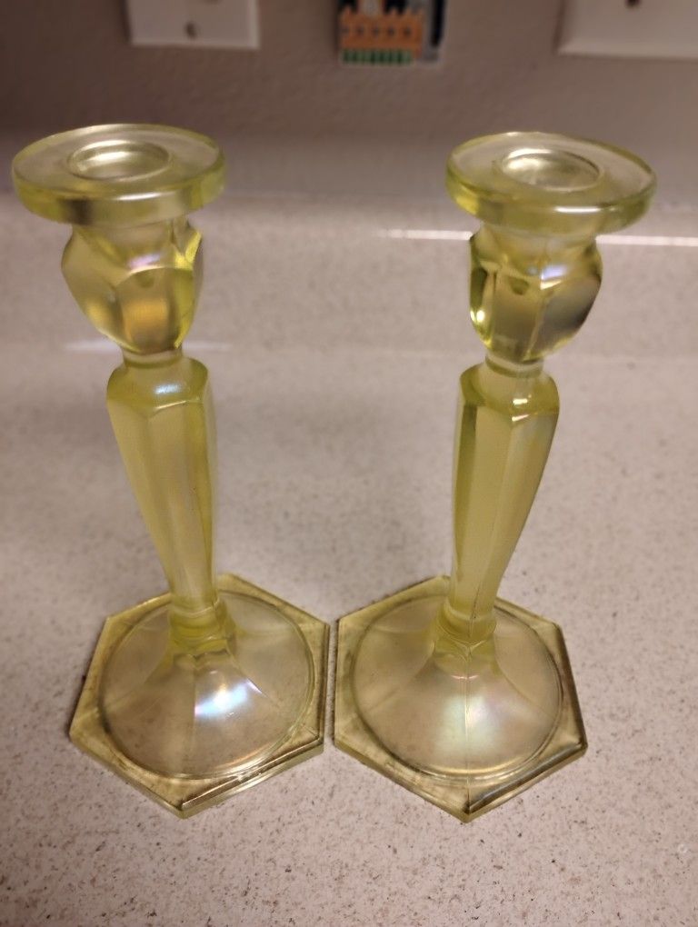 Beautiful Fenton Vaseline Glass Antique Candlesticks