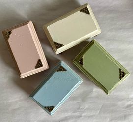 Four Small Upcycled Different Colored Wood Risers with Brass Accents