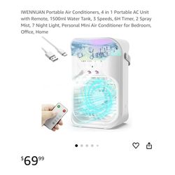 Brand new Portable Air Conditioners, 4 in 1 Portable AC Unit with Remote, 1500ml Water Tank, 3 Speeds, 6H Timer, 2 Spray Mist, 7 Night Light, Personal