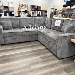 Beautiful 3-Pc Convertible Sectional Sofa With Pull Out Bed, Storage, & USB Port