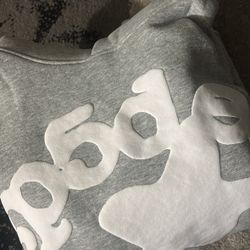 Grey and white Sp5der hoodie, Size Medium