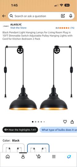 6 ALAISLYC Black & Gold Pendant Lights – Plug-In – Dimmable – 15ft Cord - will sell in pairs