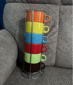 vintage Pier 1 Imports Multicolor Rainbow Stacking Coffee Mug Set w/ wire tower