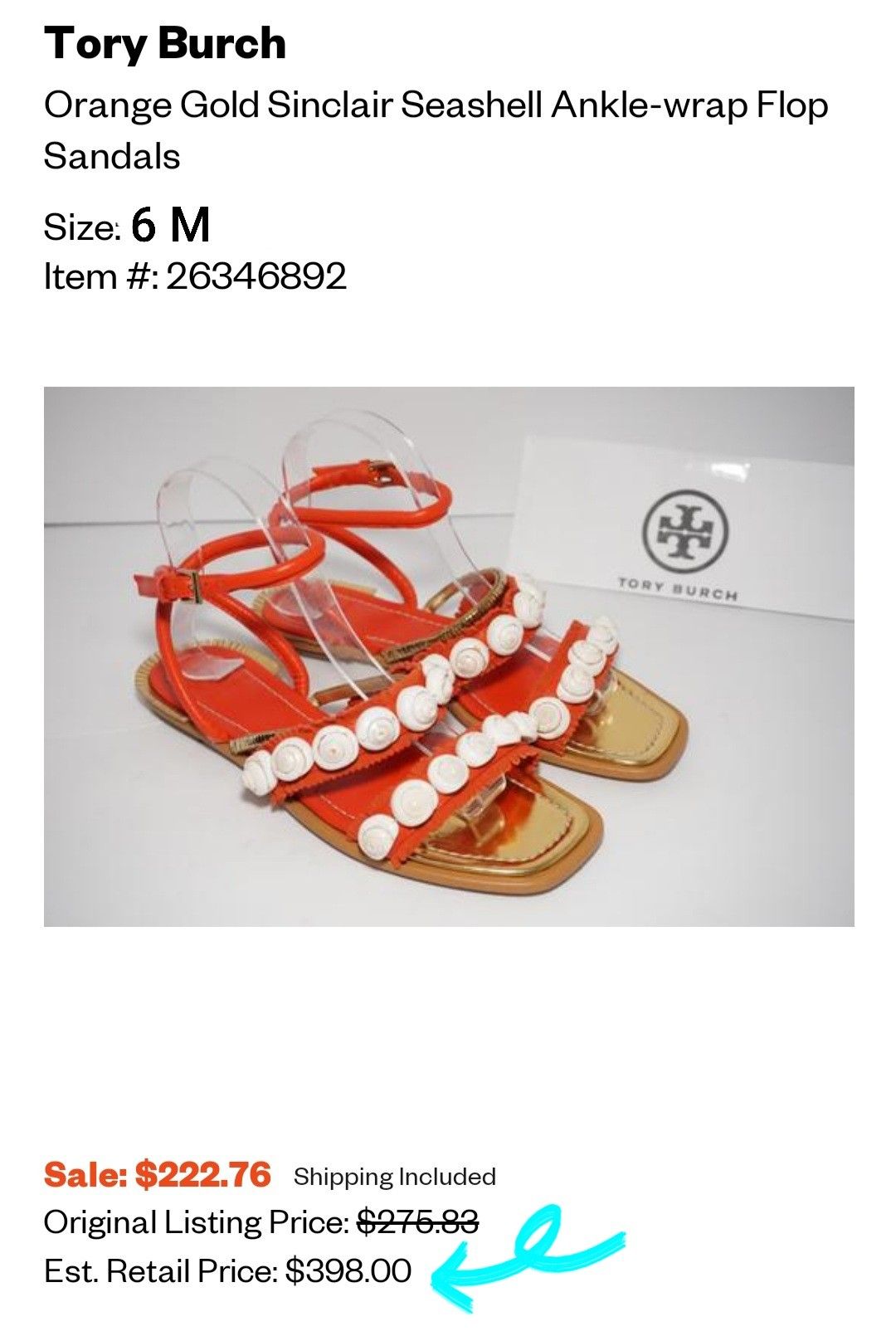 NEW Tory Burch Sinclair Seashell Size