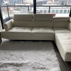 All White Leather Set, 2 Piece Sectional, Futon/Sofa Bed/ 2 Bar Stools