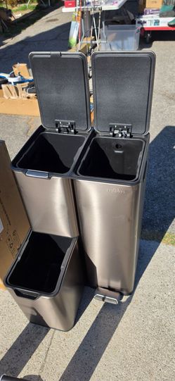 3 in 1, Triple Bins, Stainless Steel, Soft Close Lid & Foot Pedal, Removable Inner Buckets, for Home Kitchen Office, Gray