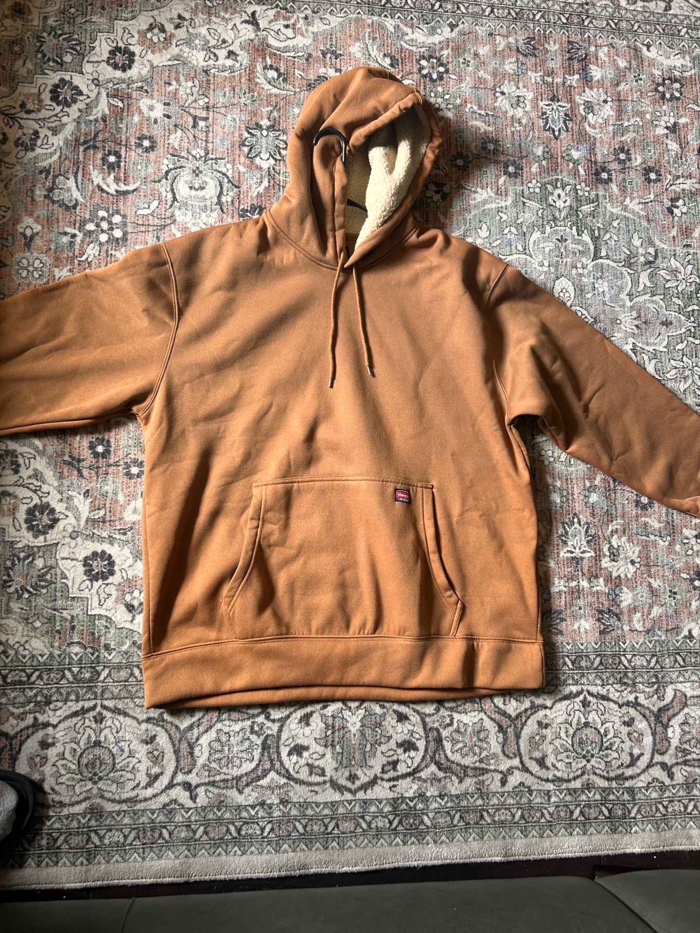 Wrangler Workwear Brown Hooded Sweatshirt Mens Small Fleece Sherpa Lined Hood