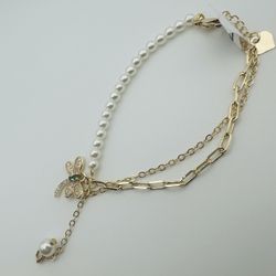 Gold and Pearl Dragonfly Charm Bracelet (Zirconia stone)