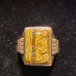Vintage 10K Gold Men's Ring – Carved Tiger’s Eye Cameo (Warrior Profile)