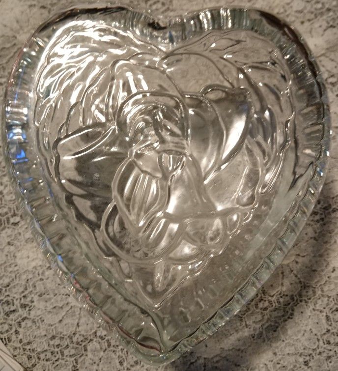 Vintage reversible etched rose frosted lead Crystal Candy, Trinket dish 